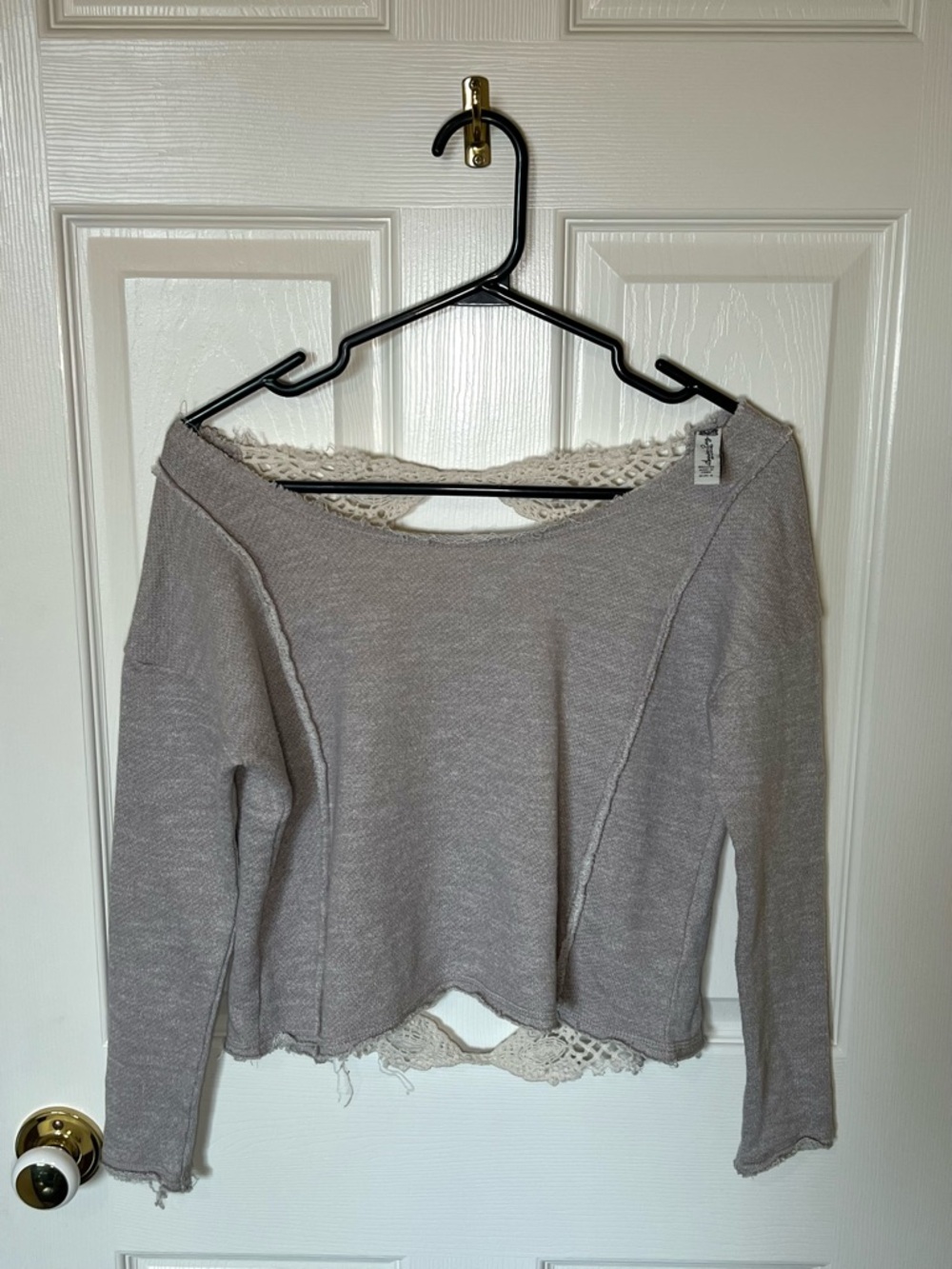 American Rag Light Gray Crochet-Trim Long Sleeve Top Off The Shoulder